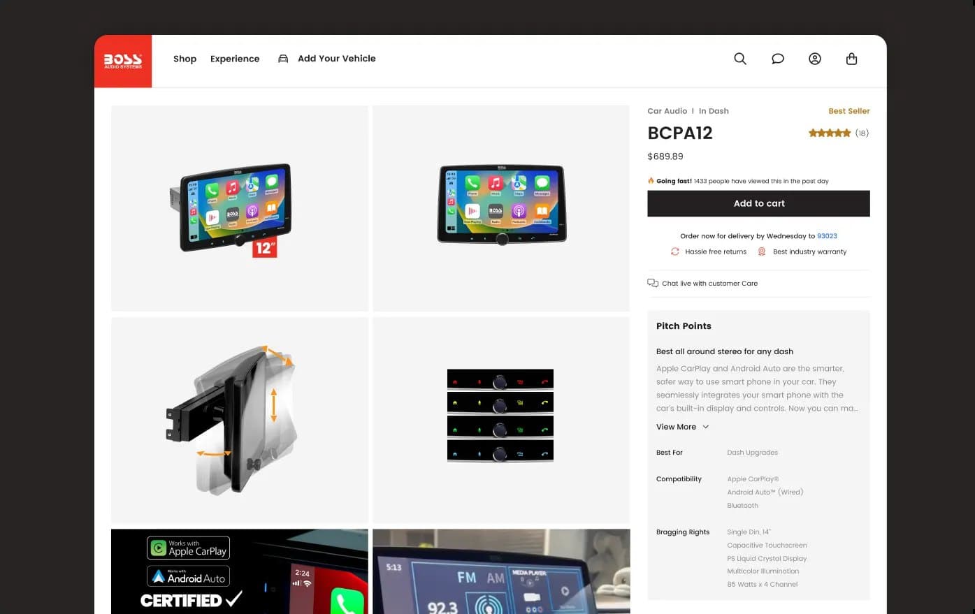 Boss Audio product page with Apple CarPlay and Android Auto certification