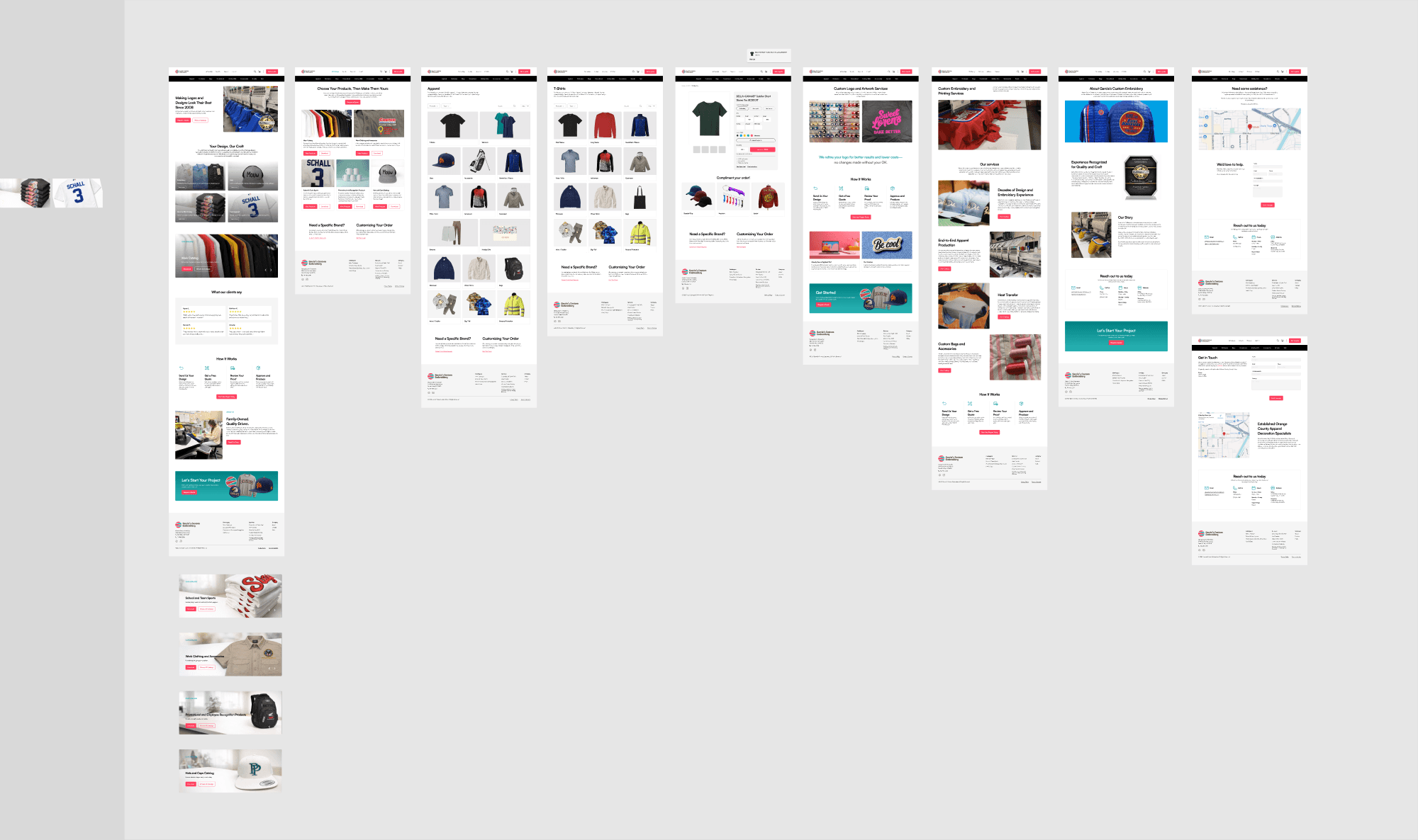 E-commerce wireframe system for a custom embroidery storefront