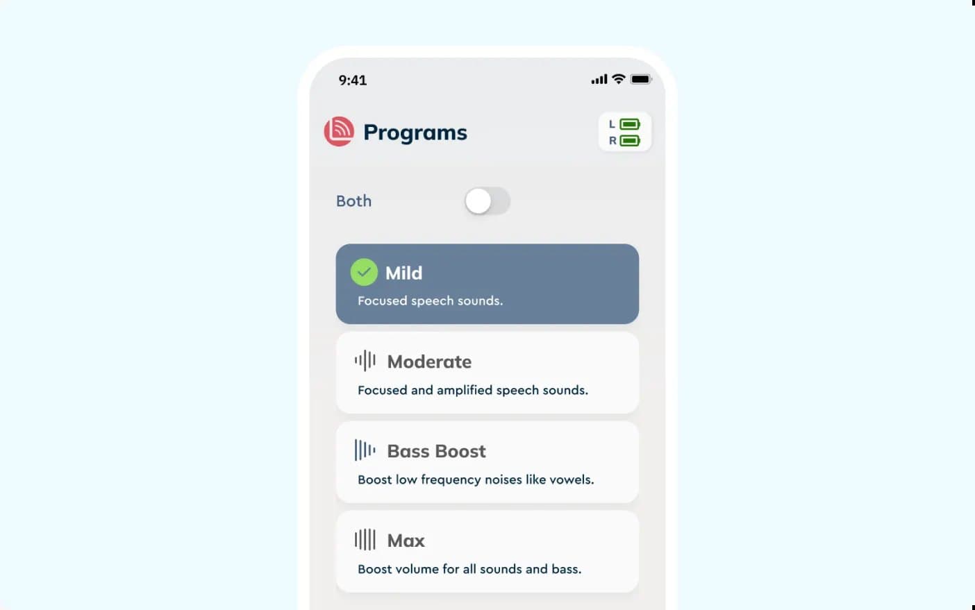 Programs screen: Mild, Moderate, Bass Boost, Max