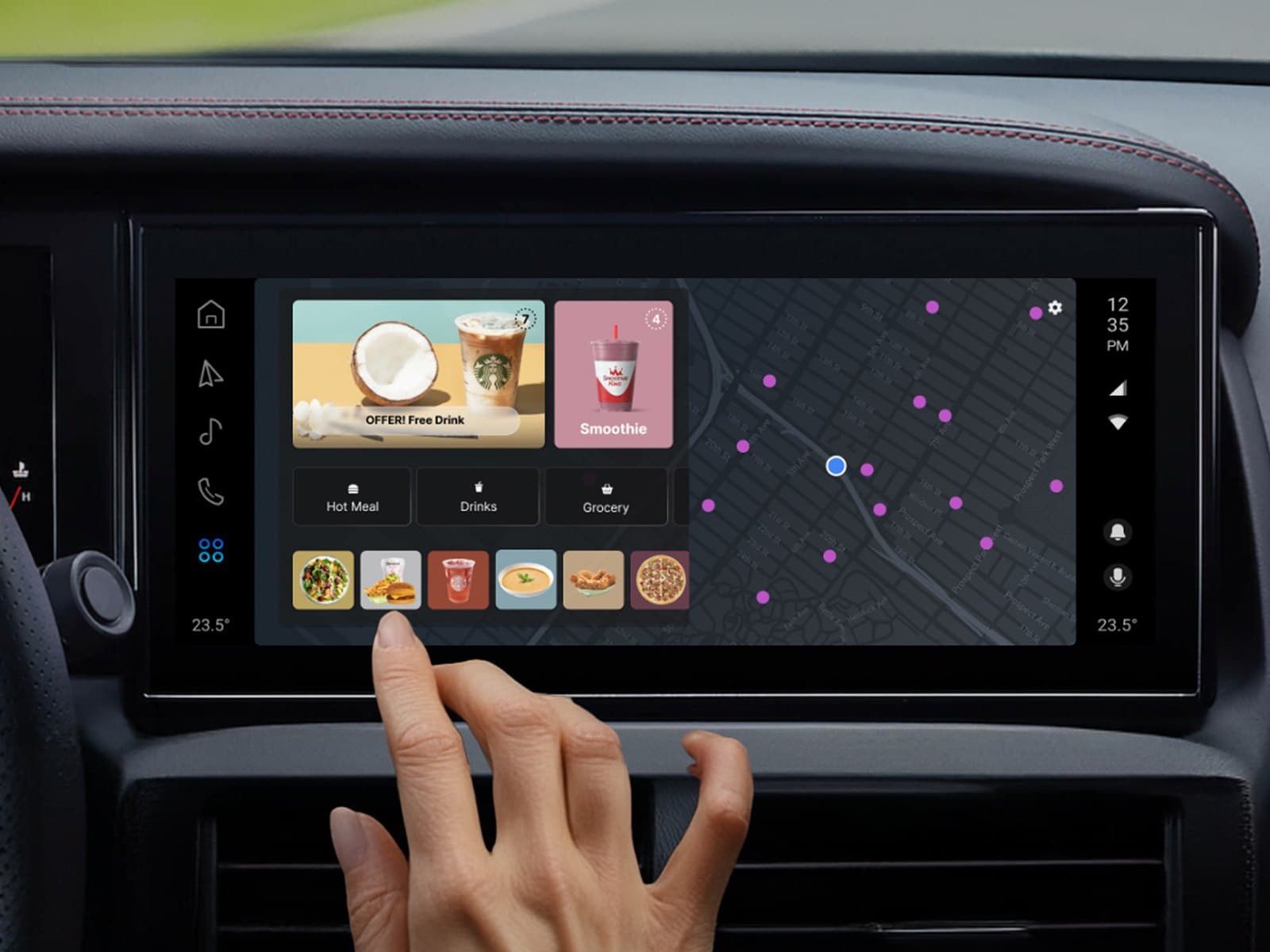 OnMyWay in-dash commerce interface designed for Mavi.io, shown in Stellantis vehicles